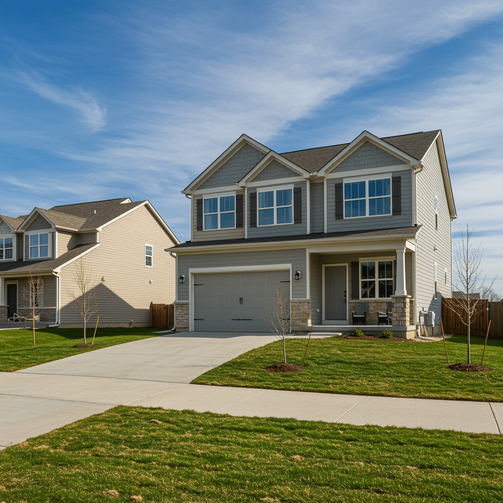 Wide view of new and remodeled homes with modern exteriors and manicured lawns in Avon, Indiana, representing professional construction and remodeling services near 50 N Addison St Indianapolis, Indiana 46222-4134 United States