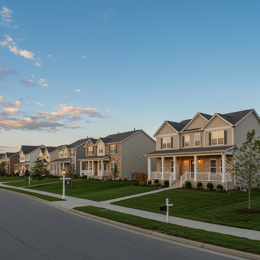 Wide view of modern, remodeled homes with fresh paint and stone accents in a quiet Avon, Indiana residential neighborhood, representing construction and remodeling services at 50 N Addison St Indianapolis, Indiana 46222-4134