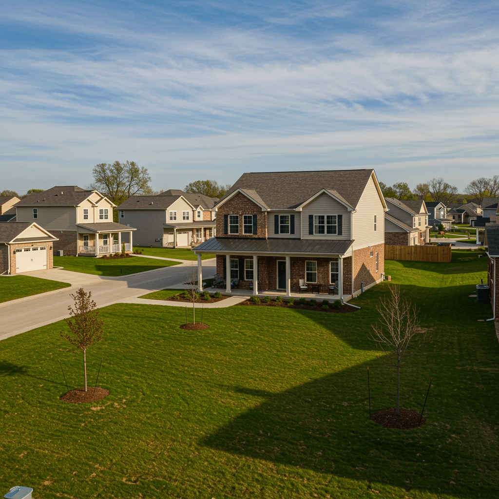 Wide view of a Brownsburg, IN neighborhood with attractive new and remodeled homes, lush yards, and mature trees, representing construction and remodeling services near 50 N Addison St, Indianapolis, Indiana.