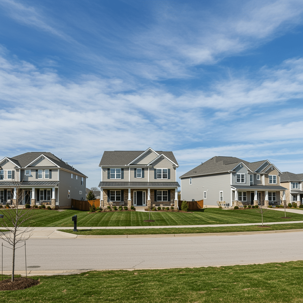 Remodeled homes with new additions and updated exteriors in a Carmel, IN neighborhood near 50 N Addison St Indianapolis, featuring modern facades, fresh paint, and professional landscaping for construction and remodeling services