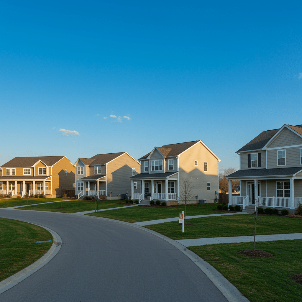 Panoramic view of beautifully remodeled homes with modern designs and manicured lawns in Fishers, Indiana, showcasing construction and remodeling services near 50 N Addison St, Indianapolis, IN 46222-4134