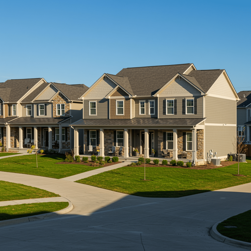 Modern homes with fresh landscaping in Fishers, Indiana neighborhood near 50 N Addison St Indianapolis, highlighting new construction and quality remodeling work