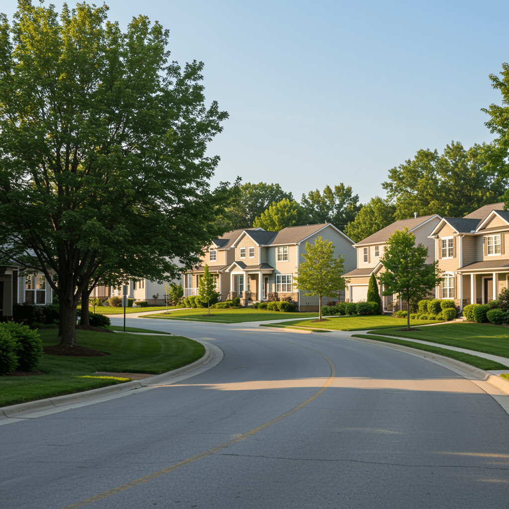 Panoramic view of remodeled and new homes in a residential neighborhood near 50 N Addison St, Indianapolis, Indiana, showcasing modern construction and pristine landscaping