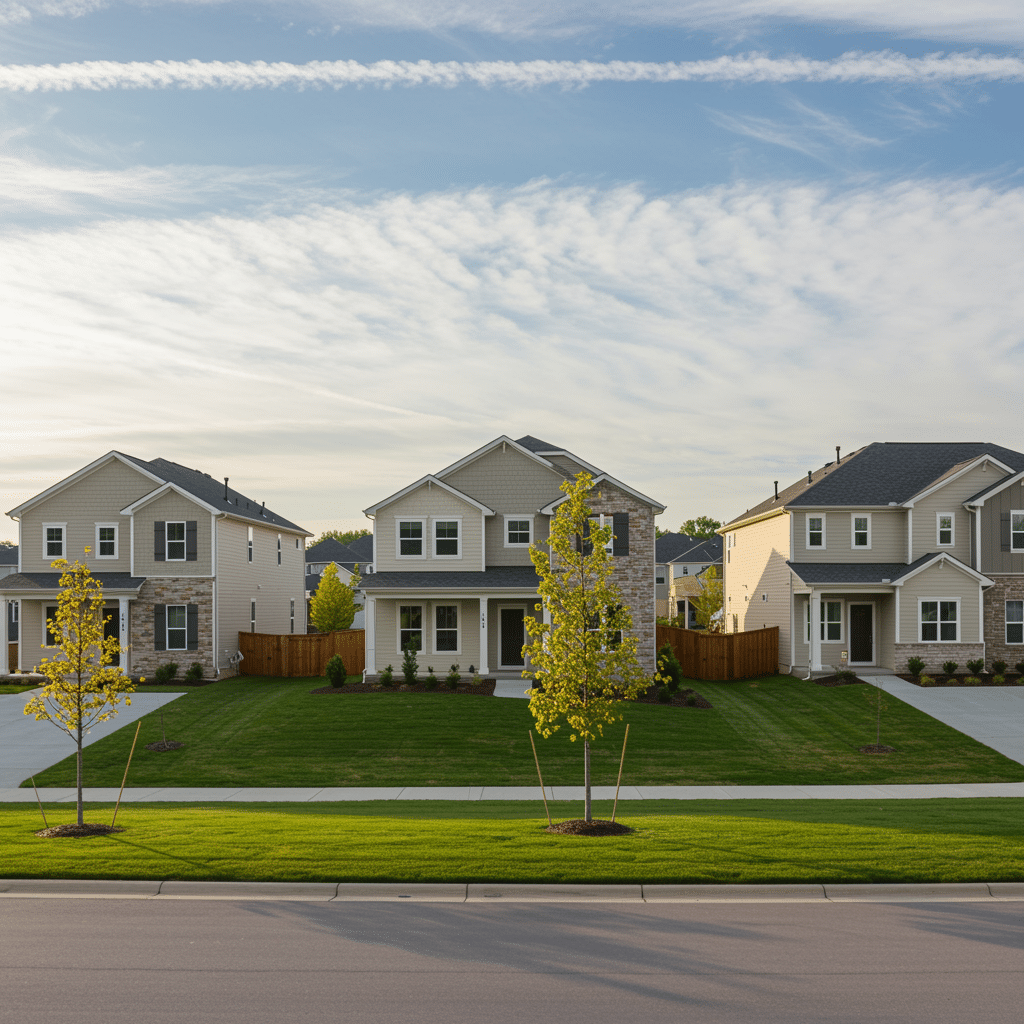 Modern residential neighborhood with newly constructed and remodeled homes, attractive facades, and landscaped yards in Indianapolis, IN