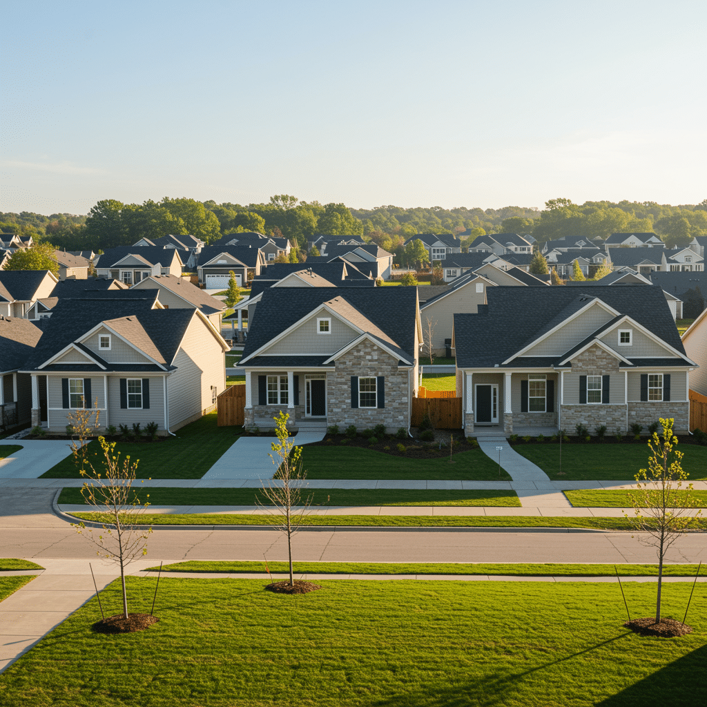 Modern Noblesville neighborhood showcasing newly remodeled homes with fresh paint and updated exteriors near 50 N Addison St Indianapolis, Indiana 46222-4134