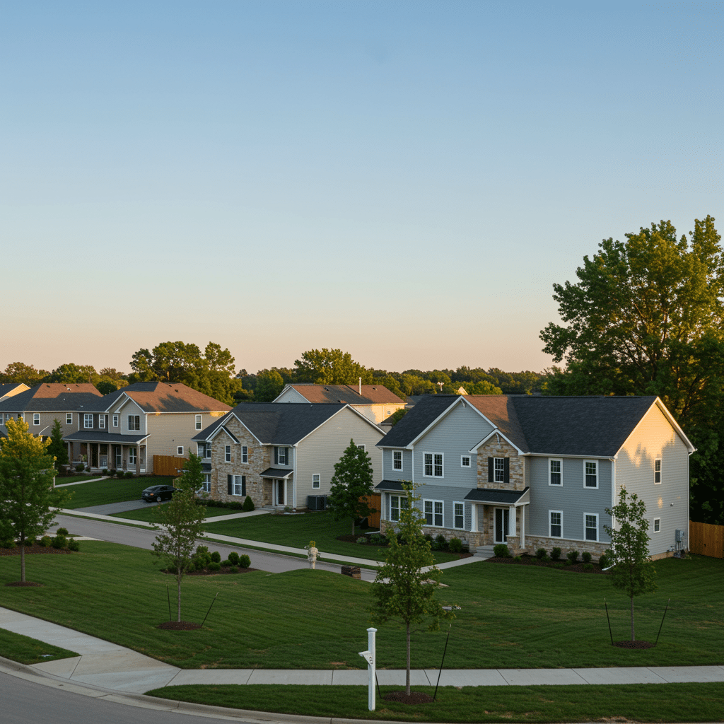 Modern remodeled homes with updated facades and landscaping on a quiet residential street in Noblesville, IN, representing quality construction and remodeling services near 50 N Addison St Indianapolis, Indiana 46222-4134