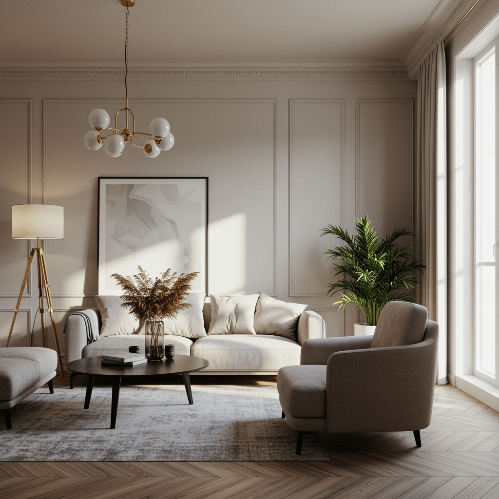 Beautifully remodeled living room with new paint, modern lighting, and hardwood flooring by construction and remodeling services