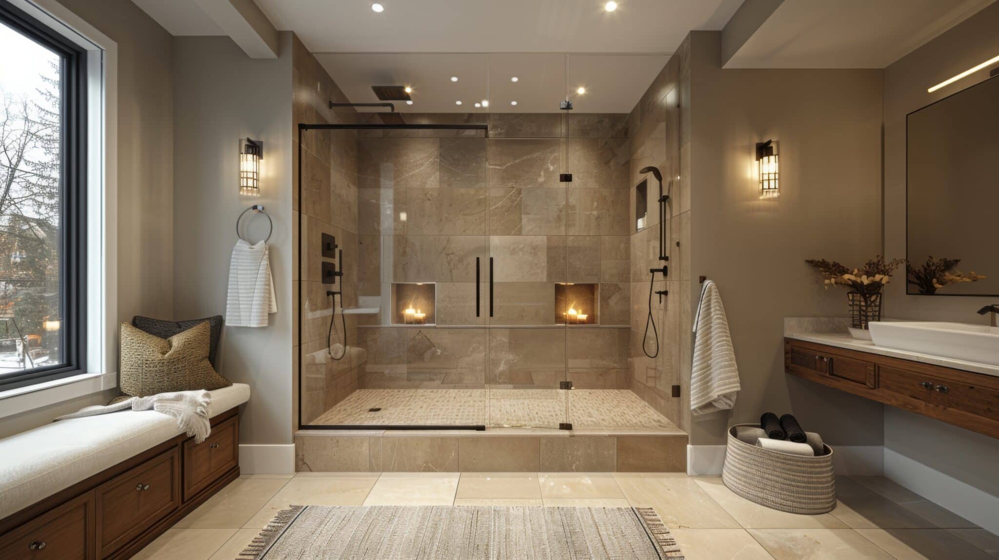 Detailed view of a modern bathroom with a large walk in shower, elegant tiles, and a built in bench