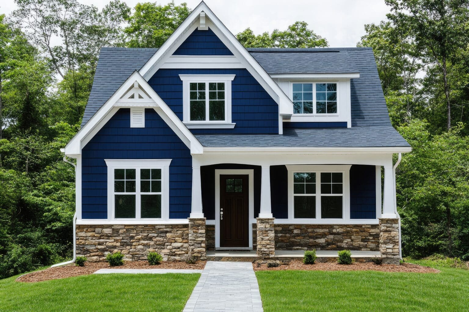 Charming, two story, home with navy blue exterior, white trim, stone foundation, and a covered porch. Features classic architecture