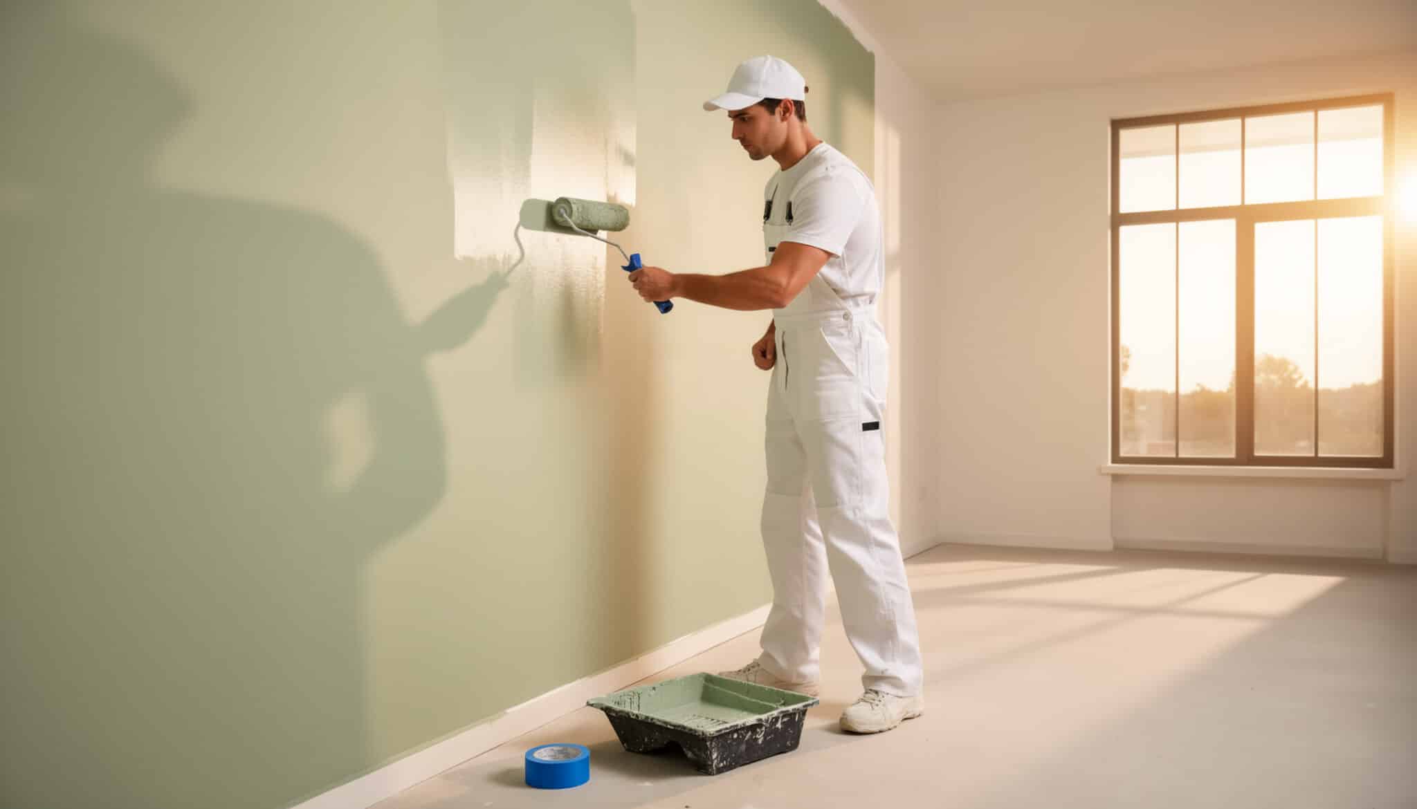 Professional male painter in white overalls using roller to paint interior wall light green during home renovation project in bright empty room interior design and house redecorating service concept