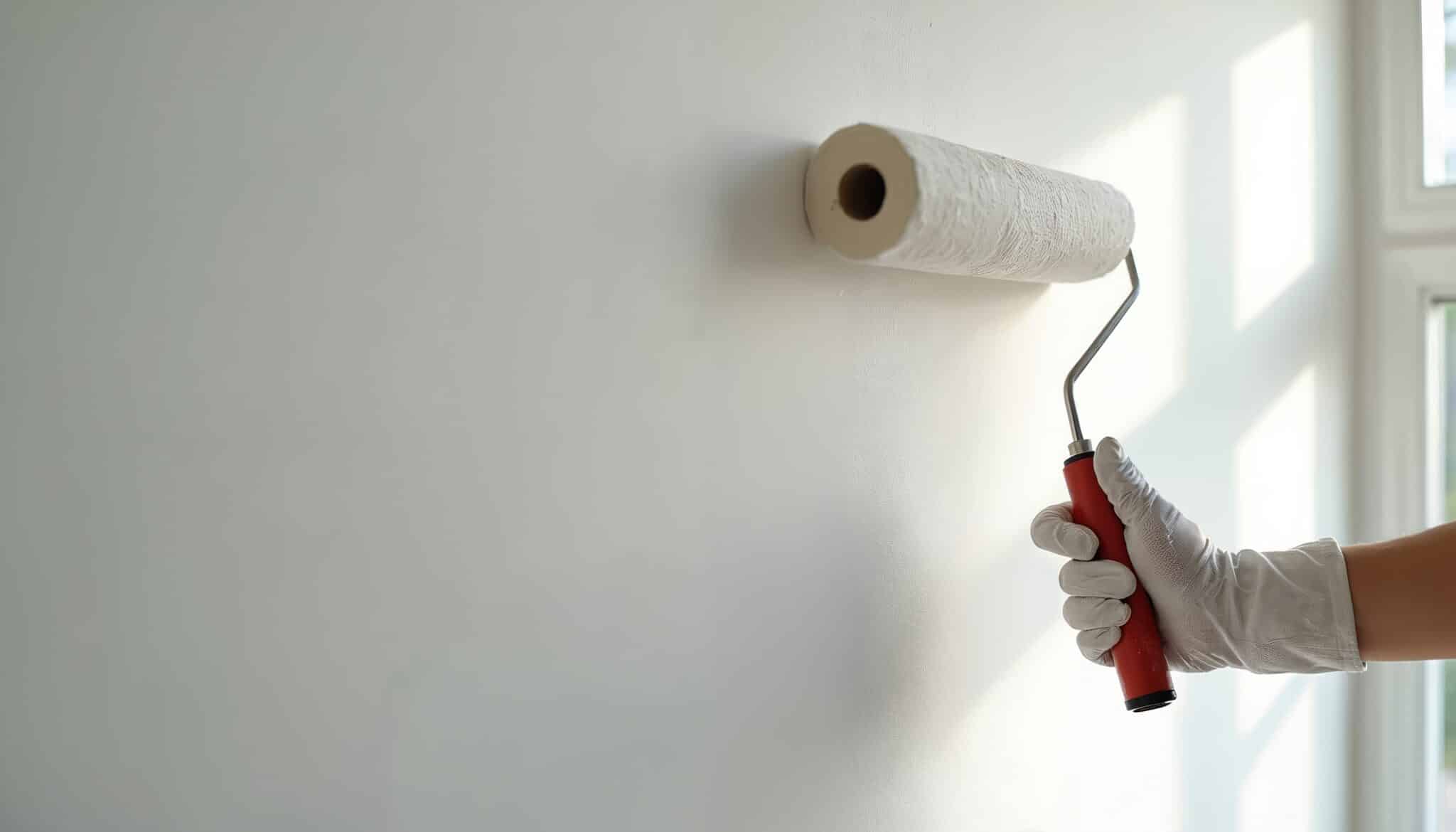 Hand in glove paints wall using paint roller. Home renovation process with white paint. Painter hand, DIY repair concept, home interior work, construction. Decorating, house improvement.